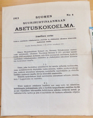 VANHA Venäjän Keisarin Asetus N 4 1915 Suomea Koskeva