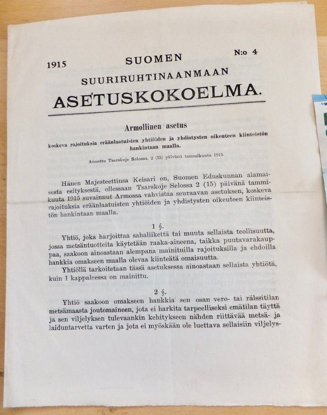 VANHA Venäjän Keisarin Asetus N 4 1915 Suomea Koskeva