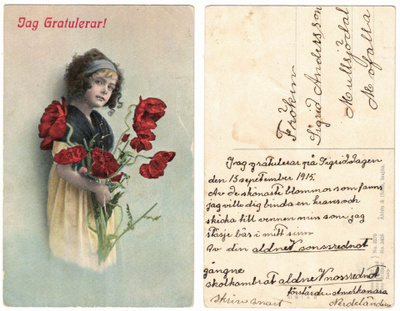 Vanha kortti, tyttö ja unikot, vuodelta 1915