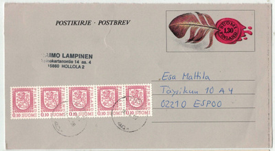 1983 postikirje 1,30mk sulka lisämerkein