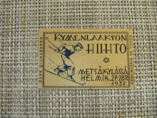 Tulitikkuetiketti Kymenlaakson Hiihto 1937.