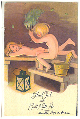 M. Wendelin. Lapset saunassa, joulukortti, - 1956