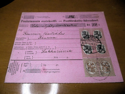 1920 Jyväskylä postiennakko - osoitus Keuruun  Vesitehtaalle