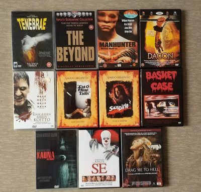 DVD-elokuvia 11 kpl Suspiria, Basket Case, Kauna, Dagon...