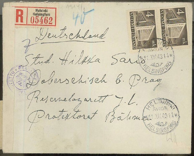 M30 1939 4mk postitalo pari R-kirje Saksaan 1943
