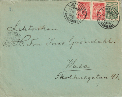 1915 kirje Ikaalisista Vaasaan 10p Kotkamerkkiparilla ja 5p