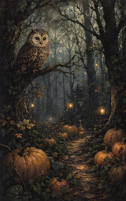 Halloween pöllö puunoksalla, synkkä metsä