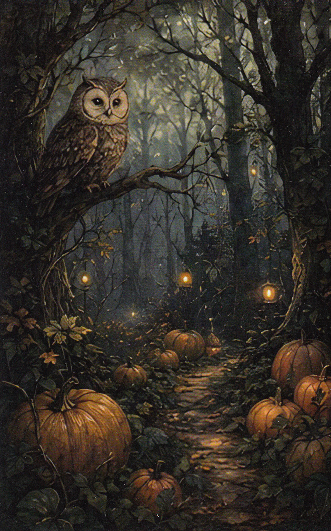 Halloween pöllö puunoksalla, synkkä metsä