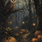 Halloween pöllö puunoksalla, synkkä metsä - pikkukuva 1