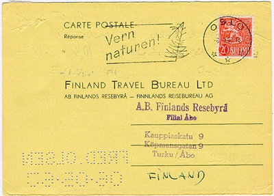 M54 1956 20 (mk) punainen maksettu vastauskortti Norjasta