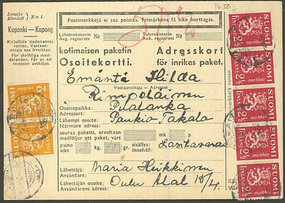 1942 2,5 mk punainen ym tilaavievä paketti