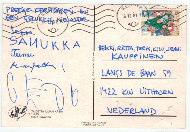 1981 joulupostimerkki postikortilla Hollantiin 1981