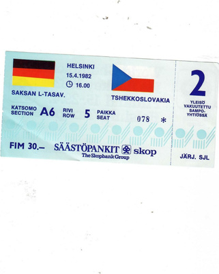 Jääkiekon MM-kisat 1982 pääsylippu Länsi-Saksa-Tsekkoslovaki