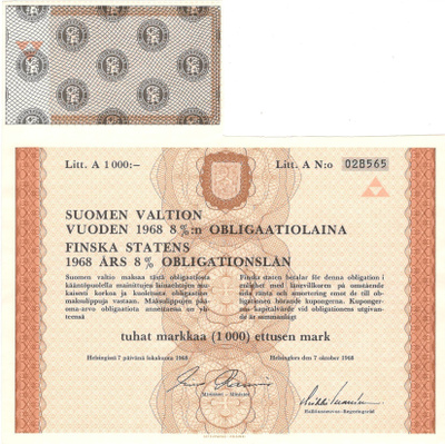 OKK obligaatio SV 1968 obl. 8% 7.10,1968 Litt A