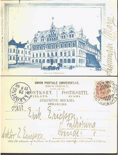 Museum Viburgense postikortti Viipurista 1900 Ruotsiin