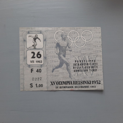 Olympia 1952 XV Helsinki pääsylippu 26/7 dollari, kaunis