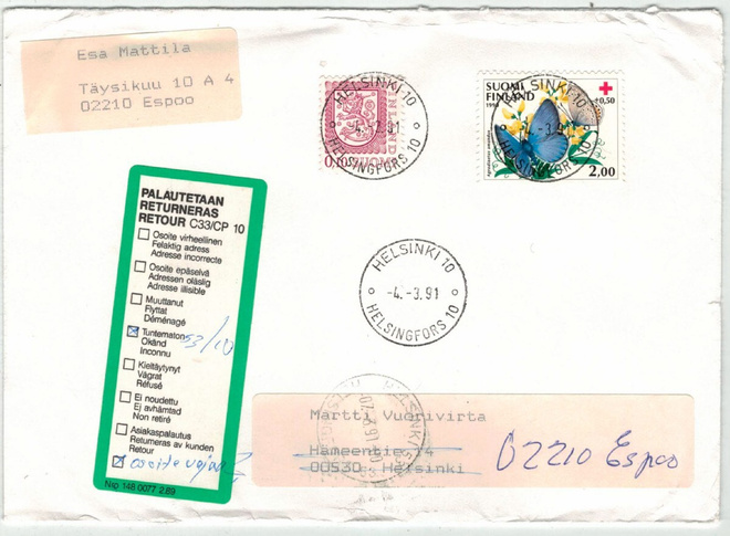 1990 PR 2mk ym palautetulla kirjeellä