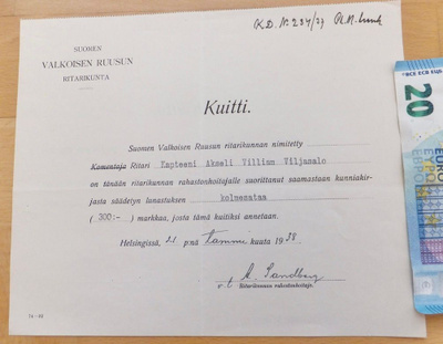 Kuitti Valkoisen Ruusun Ritarimerkki 1938 Tunnettu Saaja