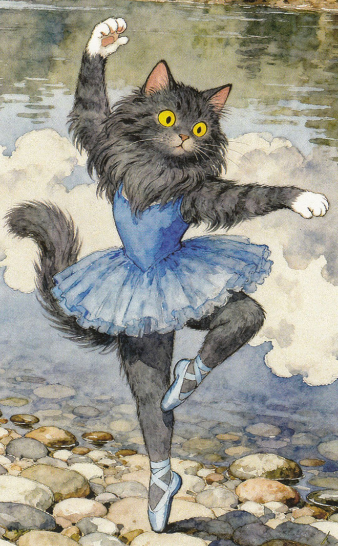 Kissa tanssii balettia rannalla