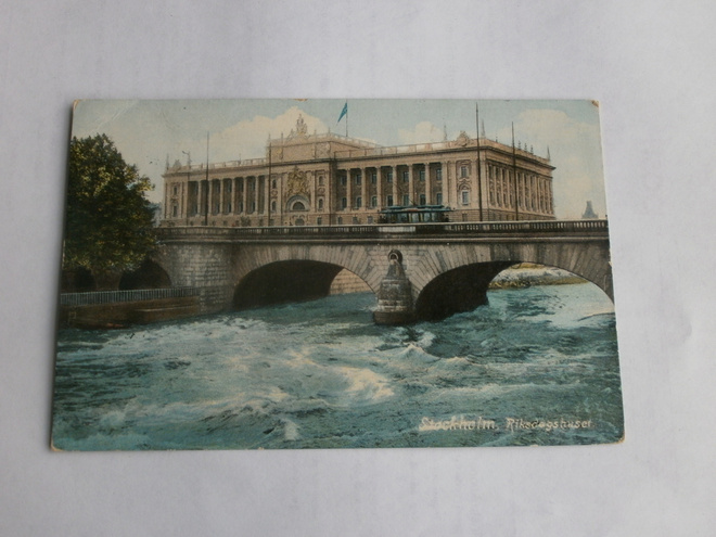 Stockholm, Riksdagshuset, vanha värikortti, kulkenut