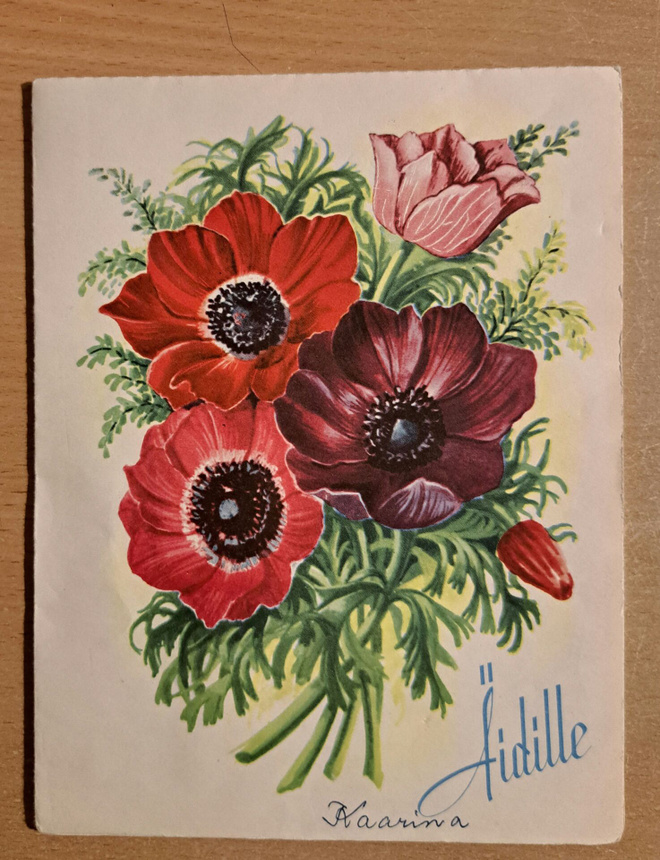 Kukkia,anemonet, 3-ulotteinen taittokortti, sign? kulkenut