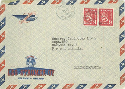 1948 9mk punainen leijona pari lentokirje CSR:ään