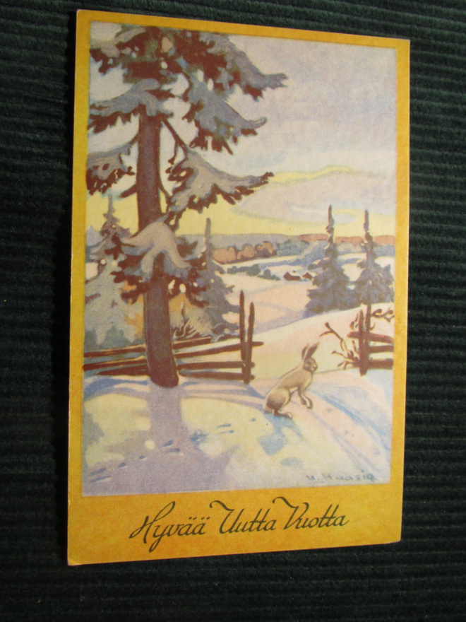 Postikortti Hyvää Uutta Vuotta. 1940-luvulta. Maasio.