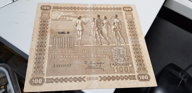 100 mk  1939 litt D kiv-alsiala A8174163  kl 4 prjva