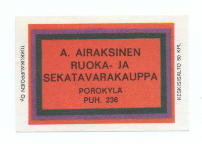 Tulitikkuetiketti. A. Airaksinen. Ruoka-ja Sekatavarakauppa.