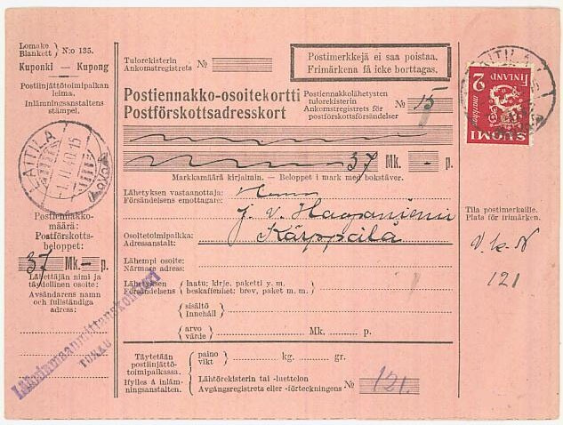 M30 1936 2mk postiennakkovapaakirje - postiennakkomaksu