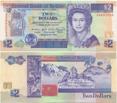 Belize 2 Dollars 1990 (P-52a) UNC