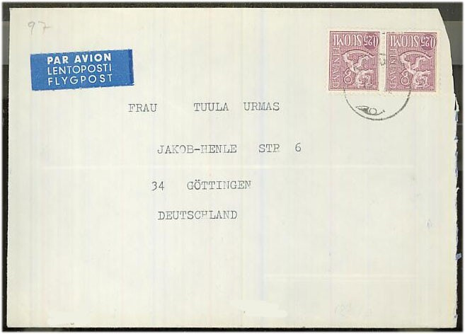 1963 25p lila leijona pari lentokirje Saksaan