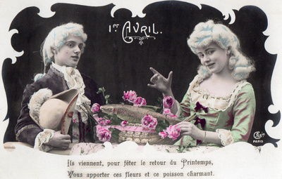 Vanha postikortti-nainen ja mies Avril