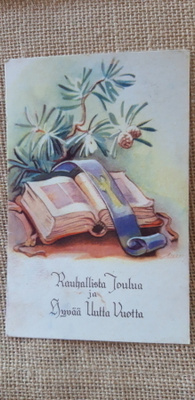 Martta Wendelin joulukortti, kuvassa raamattu, v. 1951