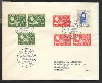 Ruotsi - UPU 1949 FDC (Fac. 390-392)