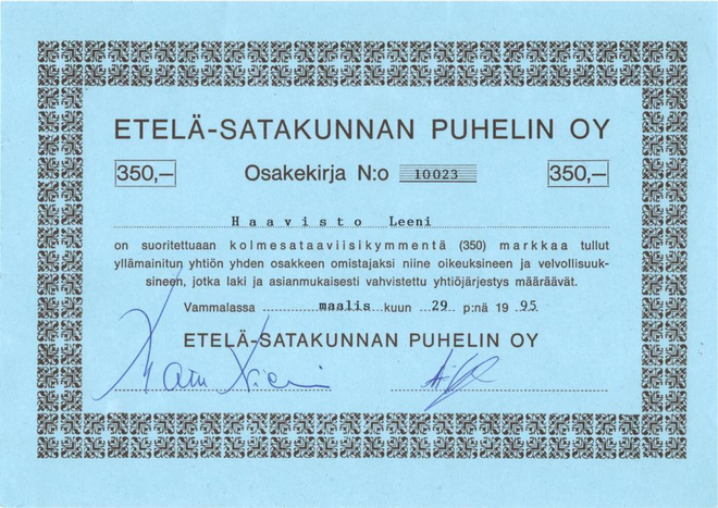 OKK 1995 Etelä-Satakunnan Puhelin Oy, Vammala osakekirja