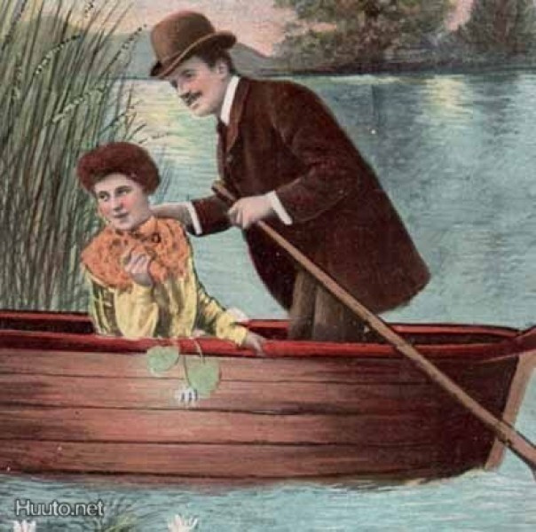 RAKKAUS / Rakastunut pari veneessä lumpeikossa. 1900-l.