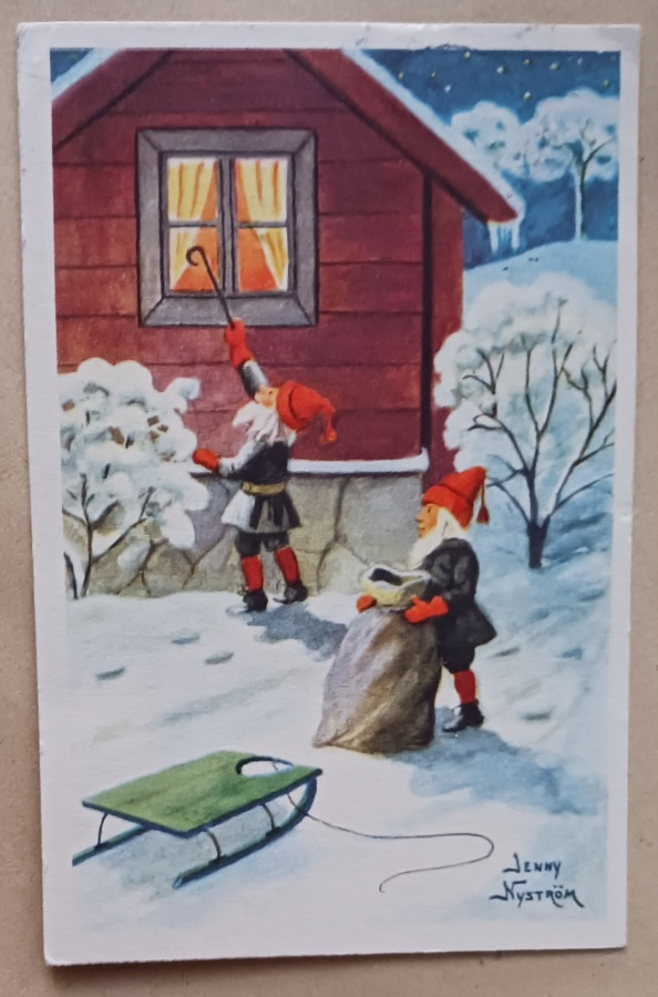 Jenny Nyström: Tontut tuovat kelkalla säkin lahjoja, p. 1945