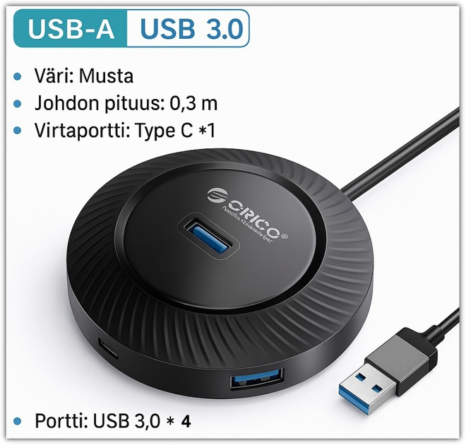 4-porttinen ORICO USB 3.0 -hubi - kompakti ja tehokas #30826