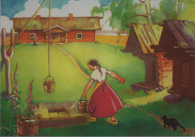 Tyttö kaivolla <>  Martta Wendelin