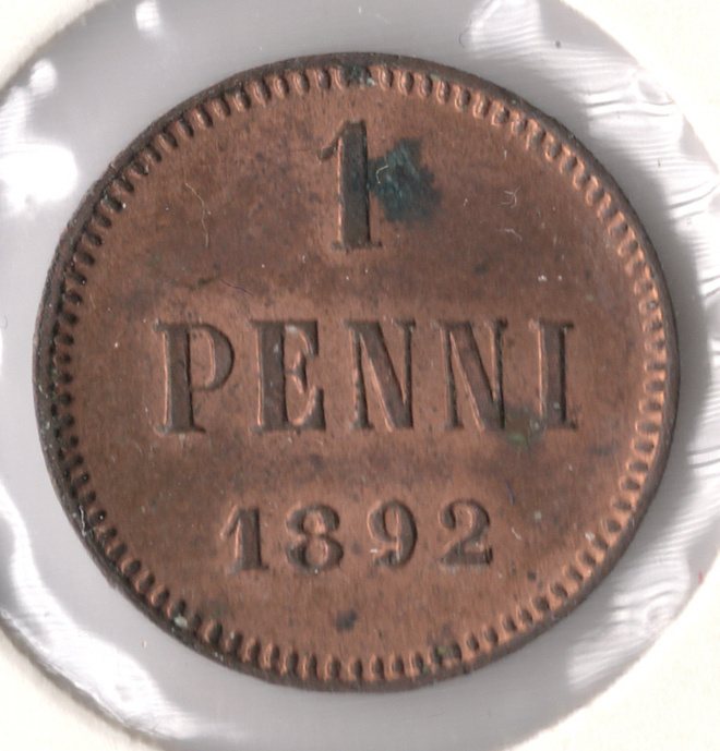 1 PENNI 1892 /#a (lyöntikiiltoinen, patinaa)