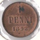 1 PENNI 1892 /#a (lyöntikiiltoinen, patinaa) - pikkukuva 1