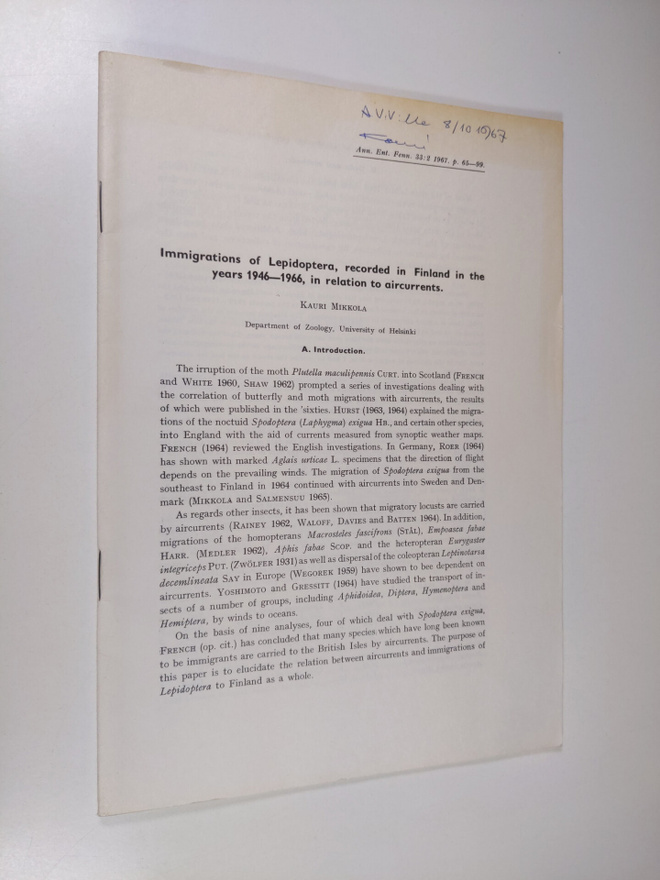 Immigrations of Lepidoptera, recorded in Finland in the y...