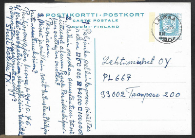 Postilähetys - Ehiö 0,70/0,60 (LAPE 134) Laukaa 6.9.76