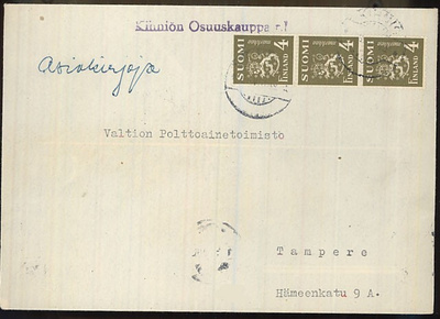 M30 1945 4 mk oliivi 3-rivilö asiakirjojalähetys
