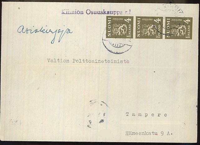 M30 1945 4 mk oliivi 3-rivilö asiakirjojalähetys
