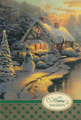 Thomas Kinkade: Lumiukko talon vieressä (taittokortti)
