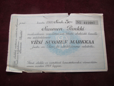 Viisi Suomen markkaa. Suomen pankki. Shekki 1918