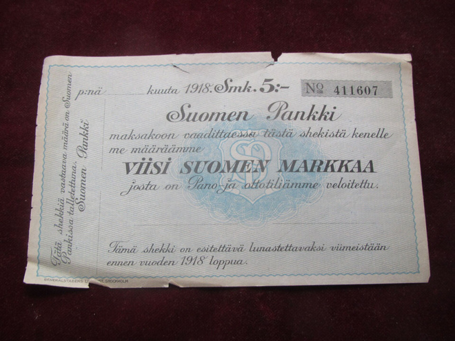 Viisi Suomen markkaa. Suomen pankki. Shekki 1918