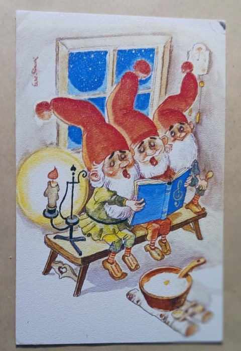 Eero-Einari: Tonttutrio laulaa puurovati edessään, p. 1976
